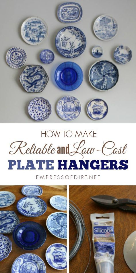 Here's a quick and inexpensive way to make sturdy plate hangers for displaying decorative plates on a wall. Plates On A Wall, Hang Plates On Wall, Plate Wall Display, Decorative Plates Display, Plates White, Old Plates, Plate Hangers, Blue White Decor, Plate Wall Decor