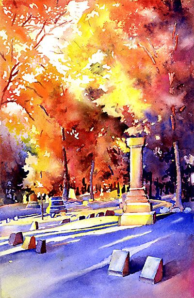 Watercolor painting of graveyard Fox Watercolor, Watercolor Art Lessons, Gcse Art, Fine Artist, Watercolor Inspiration, Watercolor Pencils, Raleigh Nc, Graveyard, Beautiful Paintings