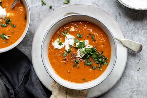 This Spicy Tomato Soup will definitely keep you warm and toasty. And all you need are some simple store cupboard ingredients to make it. #spicytomatosoup #tomatosoup Spicy Tomato Soup, Tomato Lentil Soup, Tomato Lentils, Spiced Lentils, Tasty Thai, Store Cupboard, Easy Dinner Recipes Crockpot, Red Lentils, Red Lentil Soup