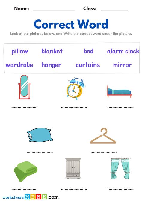 Matching Correct Words With Bedroom Objects Pictures PDF Worksheets For Kindergarten - WorksheetsHere.com Bedroom Objects, Basic English Sentences, Words List, Pictures Bedroom, Picture Table, 7 Wallpaper, Worksheets For Kindergarten, Basic English, Twin Beds