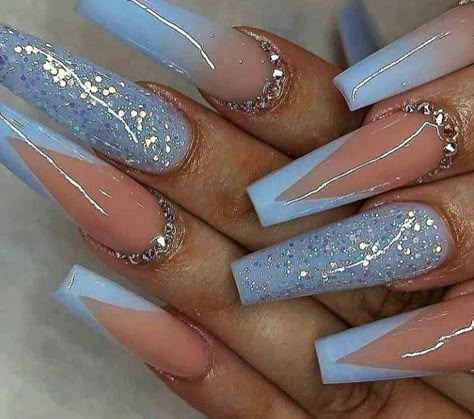 French Tip Acrylic Nails Bling, Nails Blue French Tip, Acrylic Nails Bling, Nails Blue French, Blue French Tip, Butterflies Blue, Nails Bling, Baby Blue Nails, Chrome Nails Designs