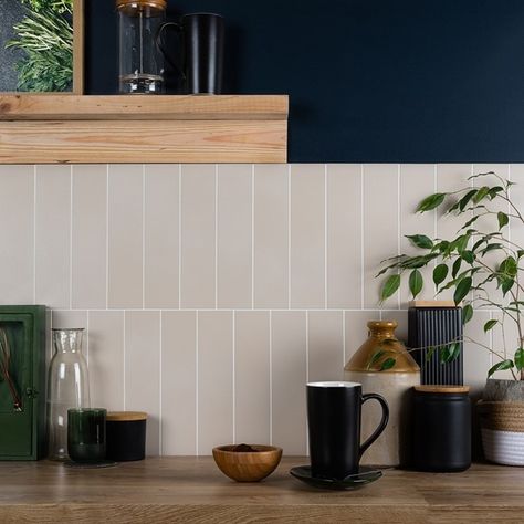 Navy and neutral 😍 Our new Detroit tiles look stunning in Ivory for matt, brick shaped design. Paired with bold, contrast hues, neutrals… Brick Tiles Kitchen, Kitchen Brick Wall, Brick Tile Wall, Galley Kitchen Design, Grey Floor Tiles, Topps Tiles, White Wall Tiles, Metro Tiles, Brick Kitchen