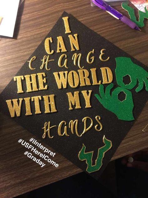 Graduation Cap for future ASL interpreter heading to USF 🤘🏾🤟🏾 Asl Graduation Cap Ideas, Asl Graduation Cap, Usf Graduation, Bachelors Graduation, Senior Caps, Highschool Dream, Grad Table, Teacher Graduation Cap, Graduation Board