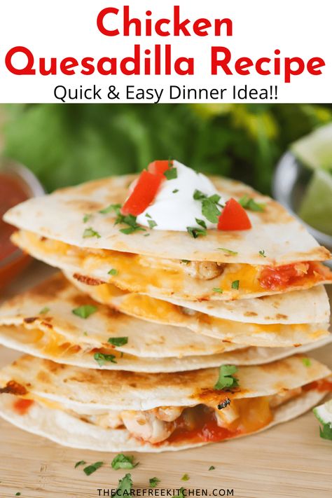 These crispy, delicious Chicken Quesadillas are the perfect quick and easy meal for any busy night. They are loaded with Southwest seasoned chicken, melted cheese, salsa and other Mexican-inspired flavors for a dinner that everyone will love. #thecarefreekitchen #chicken #quesadillas #mexican #easy #dinner #chickenthighs Chicken Quesadilla Recipe, Quesadilla Recipe, Seasoned Chicken, Healthy Chicken Dinner, Simple Chicken, Quesadilla Recipes, Chicken Quesadillas, Mexican Food Recipes Easy, Quick Easy Dinner