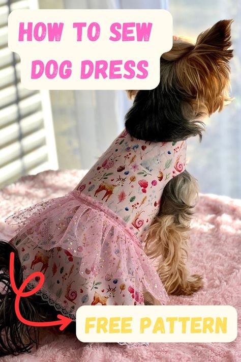 How to sew cute dog dress with free pattern. This dress is really simple because I use a dog harness pattern and one rectangle of fabric. For the decoration, I used pink pleated lace and white little lace for the dress hem. This part is optional if you don't want to be so extra. This is suitable for beginners. Dog Dress Sewing Pattern, Cat Dress Pattern Free Sewing, Small Dog Dress Pattern Free, Small Dog Clothes Patterns Free, Diy Dog Dress Pattern Free, Pet Clothes Patterns Free Sewing, Dog Dress Pattern Free How To Make, Pet Clothes Patterns Free, Dog Dress Pattern Free