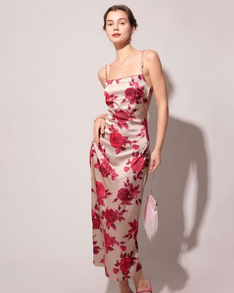 Free shipping on orders over $69. Shop The Rose Spaghetti Strap Bodycon Satin Maxi Dress - apricot - xs,s,m at RIHOAS. Rose Spaghetti, Floral Satin Dress, Party Dress Codes, Apricot Dress, Gowns Dresses Elegant, Rose Print Dress, Bodycon Maxi Dresses, Retro Clothing, Dressy Dresses