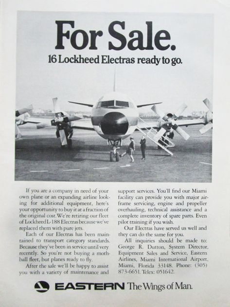 Eastern Air Lines Lockheed L188 Electra Airliner Original Ad : Eastern Airlines : Free Download, Borrow, and Streaming : Internet Archive Lockheed Electra, Vintage Airline Ads, Eastern Airlines, Vintage Airline, Pilot Training, Passenger Aircraft, Vintage Airlines, Air Lines, The Wings