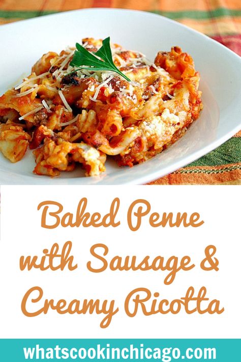 Baked Penne with Sausage & Creamy Ricotta #dinner #pasta #recipes #glutenfree Pasta With Sausage And Ricotta, Penne With Sausage, Balsamic Chicken Pasta, Pasta With White Beans, Sausage Penne Pasta, Baked Pasta Casserole, Sausage Penne, Bruschetta Pasta, Cheesy Chicken Pasta