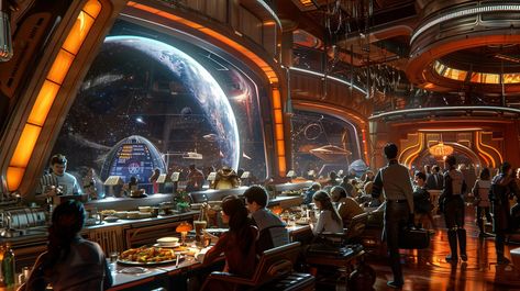 #Futuristic Space #Restaurant: Visitors dine in a bustling #space-themed #restaurant featuring #cosmic views and a vibrant, technologically advanced ambiance. #futuristic #restaurant #space #dining #cosmic #aiart #aiphoto #stockcake ⬇️ Download and 📝 Prompt 👉 https://stockcake.com/i/futuristic-space-restaurant_877052_1027824 Futuristic Restaurant, Space Restaurant, Themed Restaurant, Futuristic Space, Space Food, Forest Sunset, Dine In, Beautiful Scenery, Creative Words