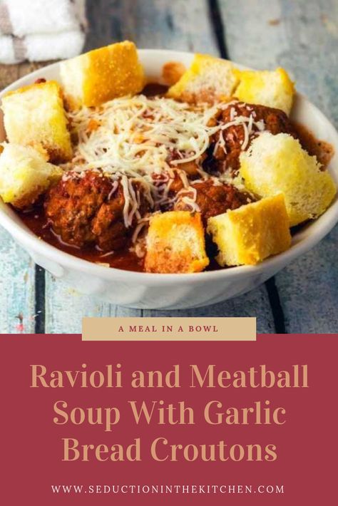 Looking for a budget meal? This Ravioli and Meatball Soup is a hearty soup recipe. This Italian soup is garnished with homemade garlic bread croutons for the full Italian flavor. | SeductionInTheKitchen.com #italian #soup #ravioli Ravioli And Meatball Soup, Soup With Garlic Bread, Stews Recipes, Hearty Soup Recipes, Pinterest Food, Homemade Garlic Bread, Kitchen Tricks, Food Making, Meatball Soup