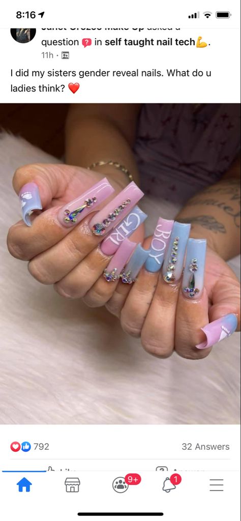 Long Gender Reveal Nails, Gender Reveal Nails Ideas Boy Or Girl, Gender Reveal Ideas Nails, Gender Nails, Gender Reveal Acrylic Nails, Baby Shower Nail Ideas, Gender Reveal Nails Ideas Acrylic, Baby Gender Reveal Nails, Baby Nails Design Pregnancy