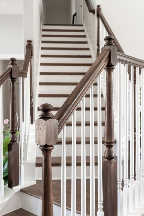 Changing Out Stair Spindles, Painted Colonial Staircase, Staining Wood Banister, Updated Stair Railing Wood, How To Paint A Stair Railing, Painting Wood Stair Railing, Classic Stair Railing Ideas, Painted And Stained Stairs, Pine Staircase Makeover