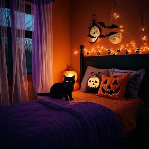 Halloween Bedroom Aesthetic: Creative Ideas to Transform Your Space Orange Room Aesthetic, Orange Bedroom Aesthetic, False Ceiling Design Bedroom, Bedroom Entryway Ideas, Bedroom Design Modern Luxury, Dresser Bedroom Decor, Hanging Lights Bedroom, Gacha Bedroom, Halloween Bedroom Aesthetic