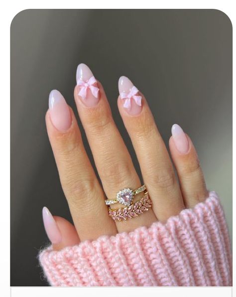 Bow Nail Designs, Pink White Nails, Soft Pink Nails, Almond Press On Nails, Simple Spring Nails, White Nail Art, Pink Nail Art, Spring Nail Art, Nail Designs Spring