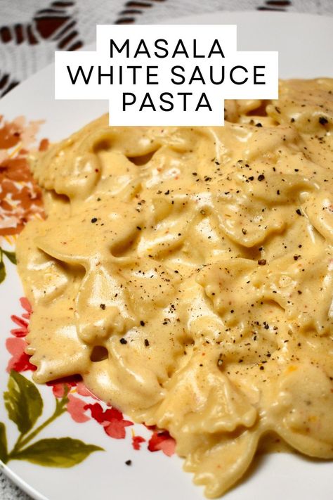 Creamy Masala White Sauce Pasta Recipe | Indian-Style Farfalle Pasta Recipe Cheesy White Sauce Pasta, Spicy White Sauce Pasta, Masala Pasta Indian Style, Easy White Sauce Pasta, White Sauce Recipe Pasta, White Sauce Pasta Recipes Easy, How To Make White Sauce Pasta, Easy White Sauce For Pasta, Pasta Recipes White Sauce