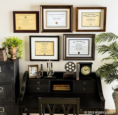 Diploma wall Diploma Display Wall, Diploma Wall, Wall Display Ideas, Office Decor Professional Work, Diploma Display, Wall Frame Design, Graduation Inspiration, Small Office Decor, Law Office Decor