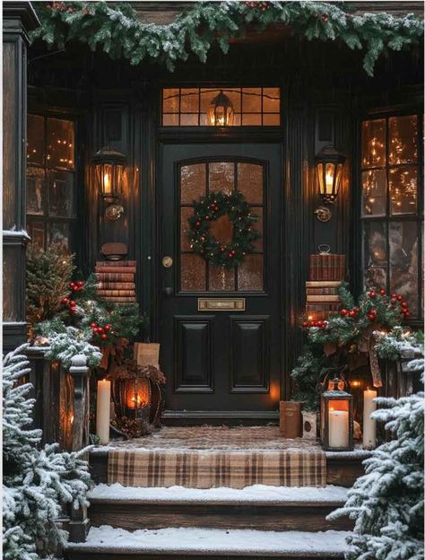 A Dark Academia Christmas Library Porch Decoration - The Mood Guide Moody Outdoor Christmas Decor, Christmas Porch Aesthetic, Light Academia Christmas Aesthetic, Moody Victorian Christmas, Dark Academia Christmas Tree, Academia Christmas Aesthetic, British Christmas Aesthetic, Dark Academia Christmas Aesthetic, Light Academia Christmas