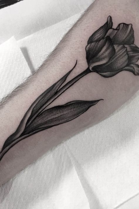 Tattoodo Tulip Cover Up Tattoo, Tulip Tattoo Men, Tulip Tattoo, Black Tulips, Leg Tattoo, Cover Up Tattoo, Tulips Flowers, Black And Grey Tattoos, Leg Tattoos