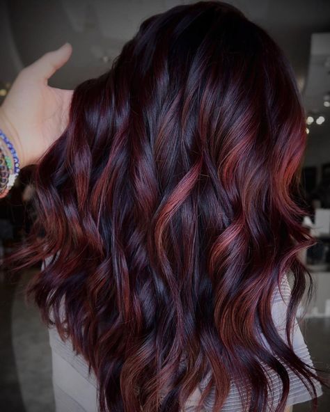 Fun Fall Balayage, Wine Balayage, Red Bayalage, Blackberry Hair, Boliage Hair, Red Highlights In Brown Hair, Mauve Hair, Baylage Hair, Red Balayage Hair