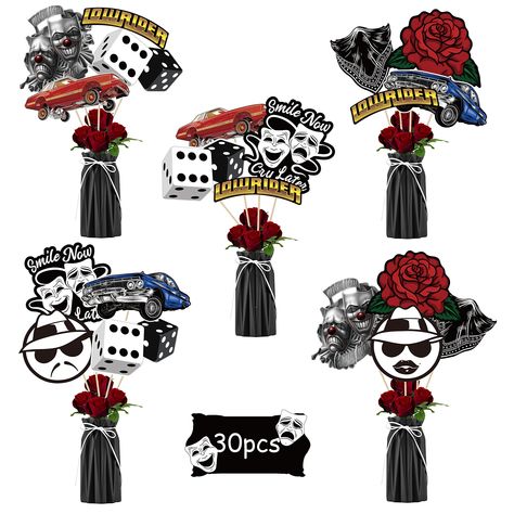 PRICES MAY VARY. Cholo Decor Set - The package contains 10 styles early 2000s party centerpieces, 30 pieces in total, 5 sheets of dispensing paper and a pack of flat round sticks. Quality Material - This Cholo theme party decorations are made of good quality cardstock material, double sided printed, exquisite workmanship, cool and exciting, reusable. It is a good-decoration in Cholo theme party. Unique Design - The whole design mainly early 2000s party centerpieces, printed with cholo style them Cholo Party Theme Ideas, Cholo Party Decorations, 50s Birthday, Early 2000s Party, School Birthday Party, 2000s Party, Cholo Style, Arte Cholo, Party Table Centerpieces