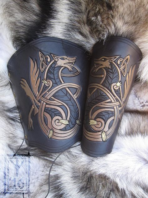 Viking Attire, Eva Foam Armor, Norse Art, Viking Embroidery, Leather Working Projects, Viking Wolf, Viking Dragon, Leather Bracers, Viking Dress