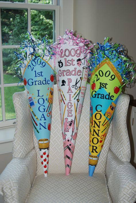 This is a "Schultuete" a German tradition for first graders.  It is filled with treats etc. German School Cone, Rainbow Fish Coloring Page, First Day Of School Pictures, German School, Fish Coloring Page, Diy Back To School, German Heritage, 1st Day Of School, Cute School Supplies