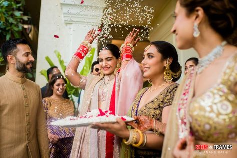 Here Are Some Photos From Sonam Kapoor's Wedding You Might Not Have Seen! *Lots Of Ranveer Here Too! | WedMeGood Flower Chadar For Bride, Flower Chadar For Bride Entry, Chadar For Bride, Vidai Ceremony, Flower Chadar, Bride Entry, Bollywood Wedding, Pearl And Diamond Earrings, Bridal Photos