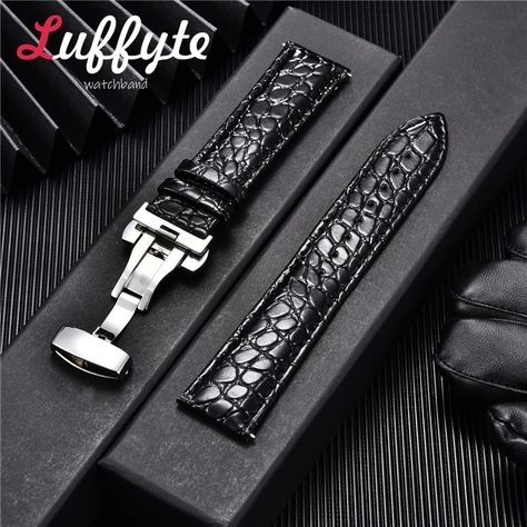 Crocodile Pattern Leather Watch Strap with Automatic Butterfly Clasp Men Leather Watch Band 18mm Silver Grillz, Chain Clothing, Apple Watch Bands Women, Crocodile Pattern, Leather Watch Strap, Watch Straps, Leather Watch Bands, Cuban Link Chain, Toe Rings