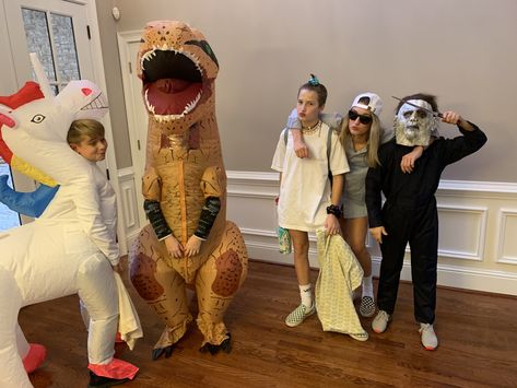 Me and my besties on Halloween. The one in the unicorn costume is Jaxon the dinosaur is Ryan the vsco “girl” is Ryland and the Michael Myers is my brother Alex Bracelets Outfit, Vsco Outfits, Vsco Pictures, Unicorn Costume, Girl Background, Vsco Girl, The Unicorn, Michael Myers, Girl Backpacks