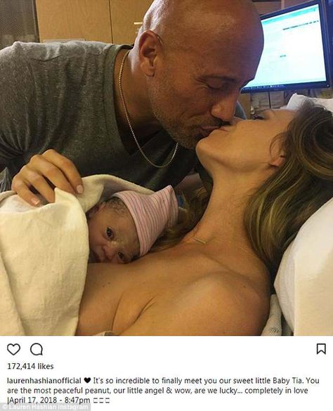 'Wow, are we lucky': Lauren Hashian posted a sweet Instagram photo Friday of her beau Dwayne Johnson kissing her as she cradled their newborn daughter Tia Dwayne Johnson Girlfriend, Dwayne Johnson Family, Rock Dwayne Johnson, Lauren Hashian, The Rock Johnson, Hospital Photos, Love Your Family, The Rock Dwayne Johnson, Rock Johnson