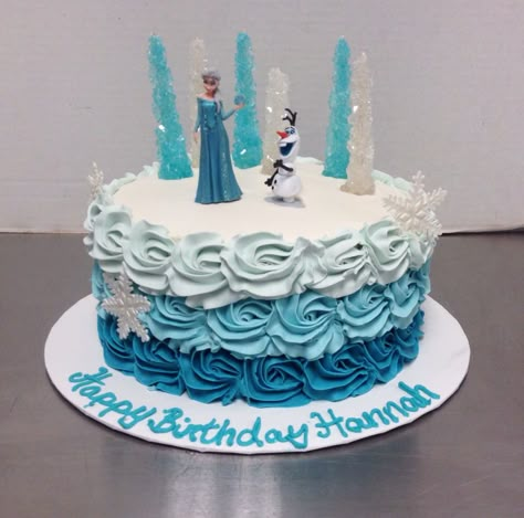 Frozen birthday cake with ombre rosettes. Frozen 2 Birthday Cake, Frozen Birthday Cake Ideas, Frozen Cake Ideas, Elsa Birthday Cake, Frozen Birthday Party Cake, Frozen Themed Birthday Cake, Pastel Frozen, Cake Frozen, Frozen Theme Cake