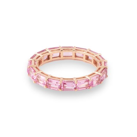 18K Gold 4.8ct of Pink Sapphires Emerald Cut Ring Width 4mm Perfect for wedding/anniversary gifts or wear as everyday stackable bands. EASY TO WEAR, FLEXIBLE TO MATCH! Pink Gold Rings, Emerald Cut Ring, Pink Sapphire Earrings, Emerald Cut Rings, Stackable Bands, Sapphire Earrings, Pearl Drop, Wedding Anniversary Gifts, Pink Sapphire