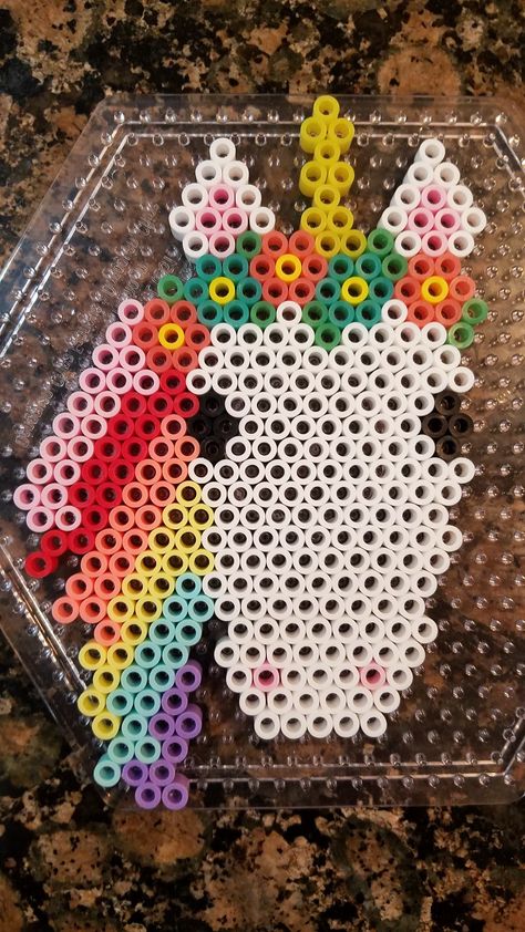 Bead Unicorn, Perler Bead Designs, Melty Bead Patterns, Fuse Bead Patterns, Unicorn Crafts, Beads Design, Hama Beads Design, Perler Bead Templates, Perler Crafts