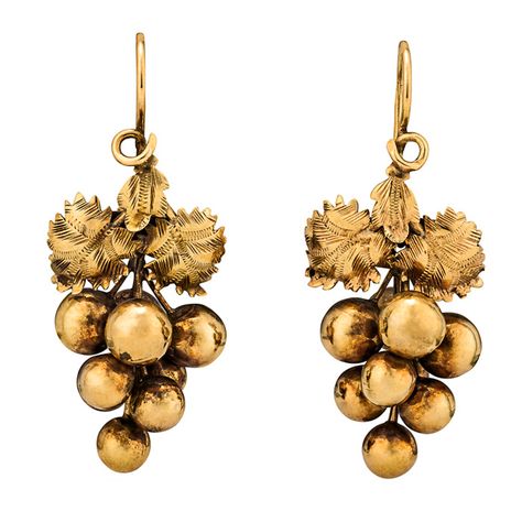 Victorian Drop Grape Vine Gold Earrings. | 1stdibs.com Natural Material Jewelry, Victorian Accessories, Grape Earrings, Country Magazine, Fox Jewelry, Indian Jewelry Earrings, Fruit Jewelry, Greenwich Ct, Style Travel