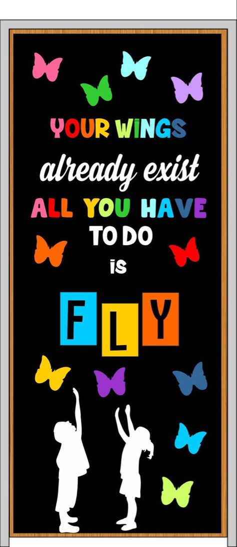 Class Door Decorations, Butterflies Classroom, Letters Decoration, Soft Board Decoration, Teacher Door Decorations, Preschool Door, Teacher Portfolio, Door Letters, Classroom Charts