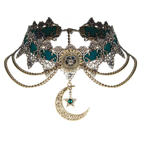 PRICES MAY VARY. Material: Dark green/burgundy matte ribbon, green rhinestones, gilded lace, gold and bronze alloy metal Steampunk Halloween necklace with bronzing lace and gold pendant that shines like stars in the night lights Size: suitable for women with a neck circumference of 31-36cm, can be adjusted with extension chain.There may be errors in measurement Halloween Elegant Women Girl Retro Gothic Punk Style Necklace Black Lace Neck Chain Collar Choker Victorian Steampunk Jewelry Party Wedd Steampunk Bustle Skirt, Beaded Gloves, Women Steampunk, Steampunk Stuff, Steampunk Top Hat, Halloween Necklace, Lace Choker, Steampunk Accessories, Steampunk Necklace