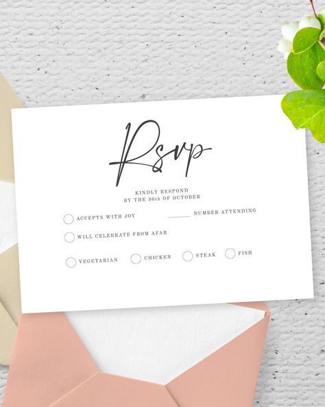 Minimalist Wedding RSVP Card with stylish background and unique calligraphy. Enjoy unique font and custom design. Customize the template online easily and create postcards that will match your personality. #wedding #cards #template #rsvp Wedding Cards Template, Unique Calligraphy, Simple Minimalist Wedding, Stylish Background, Wedding Bed, Unique Font, Wedding Rsvp Card, Rsvp Wedding Cards, Food Inspo