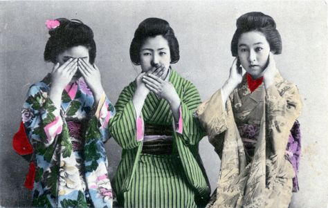 Mizaru, Kikazaru & Iwazaru (See No Evil, Hear No Evil, Speak No Evil), c. 1910. | Old Tokyo Fashion Over The Decades, East Asian Fashion, See Tattoo, Three Wise Monkeys, Hear No Evil, Wise Monkeys, Japanese Quotes, Speak No Evil, See No Evil