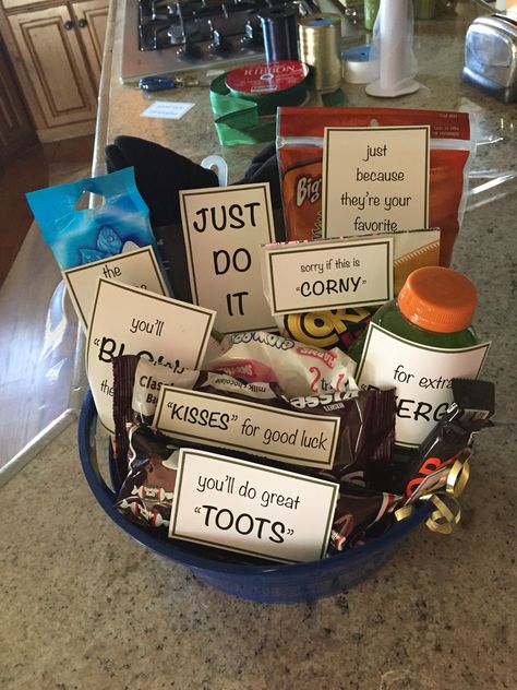 Good Luck At State Gifts Wrestling, Good Luck Care Package, Good Luck For Exams Gift Ideas, Good Luck Basket Ideas, Good Luck Basket For Boyfriend, Good Luck Gift Basket, Good Luck Basket, Good Luck Gift Ideas, Xmas Basket