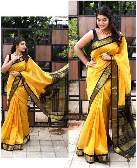 Check out this item in my Etsy shop https://www.etsy.com/listing/926469315/yellow-soft-lichi-silk-saree-and-blouse White Long Gown, Yellow Soft, Cloth Design, Indian Saree Blouse, Yellow Saree, Black Saree, Kanchipuram Saree, Saree Dress, Work Sarees