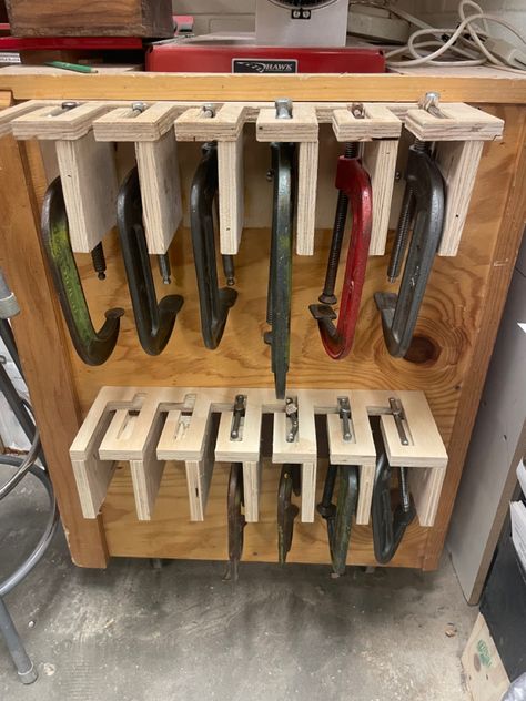 G Clamp Storage, Clamp Organizer, Clamp Rack, Clamp Storage, Garage Build, Garage Organizing, Wood Workshop, Woodshop Organization, Garage Organize