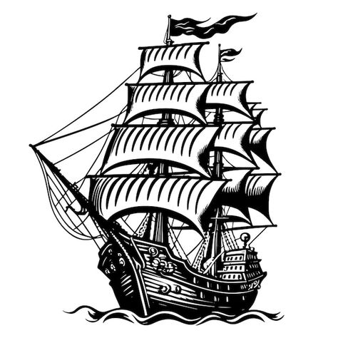 Vector retro sailing ship sailing on wav... | Premium Vector #Freepik #vector #old-ship #sailing-ship #ship-drawing #pirate-ship Vintage Ship Drawing, Ghost Ship Drawing, Pirates Ship Drawing, Drawing Pirate, Pirate Drawing, Pirate Vector, Ink Reference, Pirate Ship Drawing, Ship Video