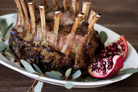 Pistachio Crusted Crown of lamb with Pomegranate Glaze cooking with cocktail rings Crown Of Lamb, Crown Roast Recipe, Crown Roast Of Pork, Pomegranate Glaze, Crown Roast, Goat Recipes, Homemade Stuffing, Christmas Dinner Menu, Apple Sausage