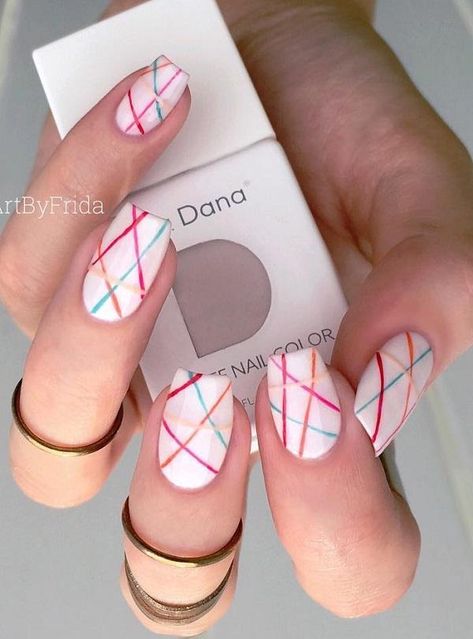 40 Geometric Nail Art Ideas | Cuded Line Nail Designs, Black And White Nail Art, Line Nail Art, Silver Glitter Nails, Geometric Nail Art, Pink Manicure, Lines On Nails, Geometric Nail, Pink Nail Art