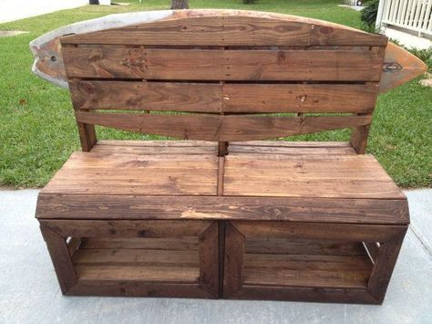 Surfers Bench - Pallet Wood Bench with Surfboard Rack built-in! on ... Pallet Wood Bench, Surf Storage, Surf Board Rack, Bench Pallet, Surfboard Storage, Surfboard Rack, Board Rack, Retail Ideas, Twin Headboard