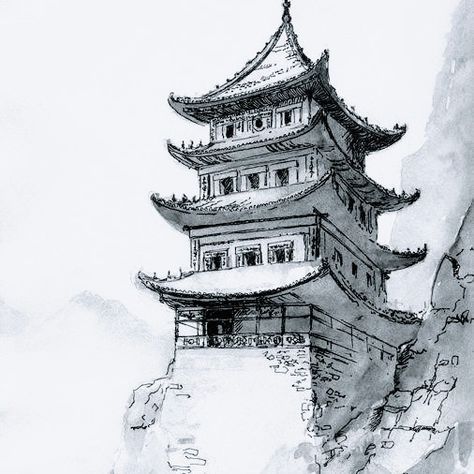 Japan Temple Sketch, Japan Mountain House, Japanese Village Tattoo, Old Japanese House Drawing, Japanese Temple Drawing Easy, Buddhist Architecture Sketches, Japanese Building Sketch, Japan Architecture Drawing, Japan Building Drawing