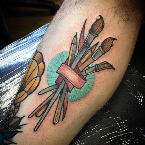 Paintbrushes tattoo by @goldsmithtattooer at Jolie Rouge Tattoo in London, England #goldsmithtattooer #andrewjohnsmith #jolierougetattoo #london #england #uk #unitedkingdom #paintbrush #paintbrushtattoo #arttattoo Traditional Tattoo Painting, Paintbrush Tattoo, Pencil Tattoo, Tool Tattoo, Brush Tattoo, Free Tattoo Designs, Tattoo Background, Tattoo Pictures, London Tattoo