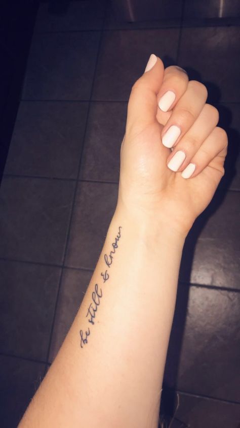 Scripture Forearm Tattoo Women, Be Still And Know Tattoo Fonts, Stand Still Tattoo, I Am His Tattoo, Be Still Tattoo With Flower, Be Still And Know That I Am God Tattoo, Peace Be Still Tattoo, Be Still Tattoo Font, Be Still And Know Tattoo