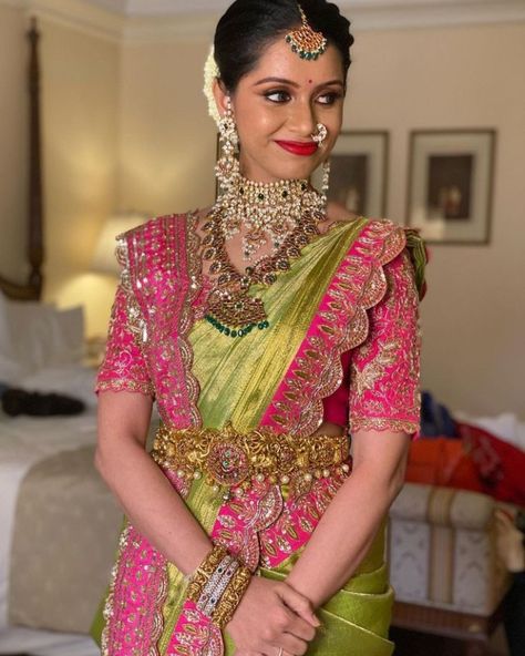 Pink Bridal Saree, Blouse Designs Wedding, Engagement Sarees, Indigo Saree, South Indian Wedding Saree, Latest Bridal Blouse Designs, Embroidery Blouses, Bridal Sarees South Indian, Blouses Designs