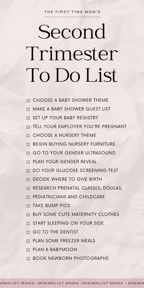 Second Trimester Essentials, New Mom Needs List, Pregnancy Checklist By Week, Second Trimester Checklist, Second Trimester Stretches, 2nd Trimester Checklist, Second Trimester To Do List, Pregnancy Food First Trimester, Pregnancy Trimester Chart